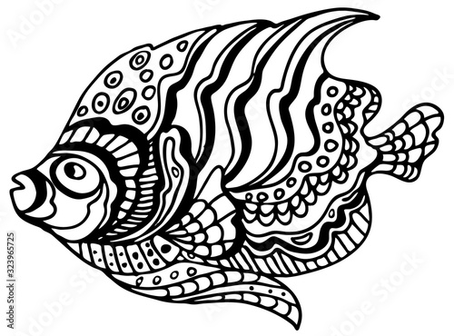 Tropical fish coloring page. Black and white. Underwater world. Anti-stress coloring for adult and children. Vector illustration. EPS 8