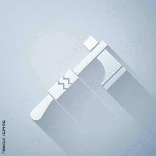 Paper cut Native american tomahawk axe icon isolated on grey background. Paper art style. Vector Illustration