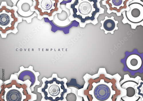 Tech background with colored gears, modern cover template. Place for text.