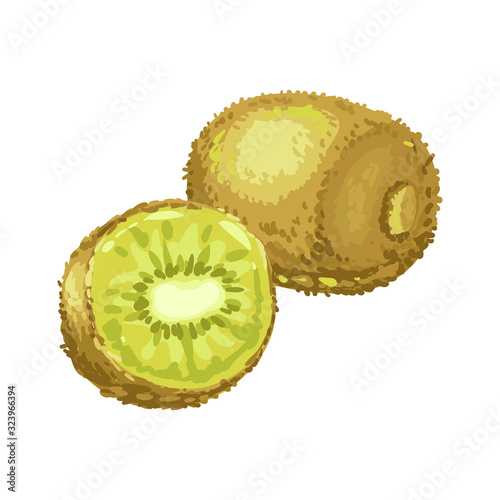 Illustration of ripe kiwi and slice.