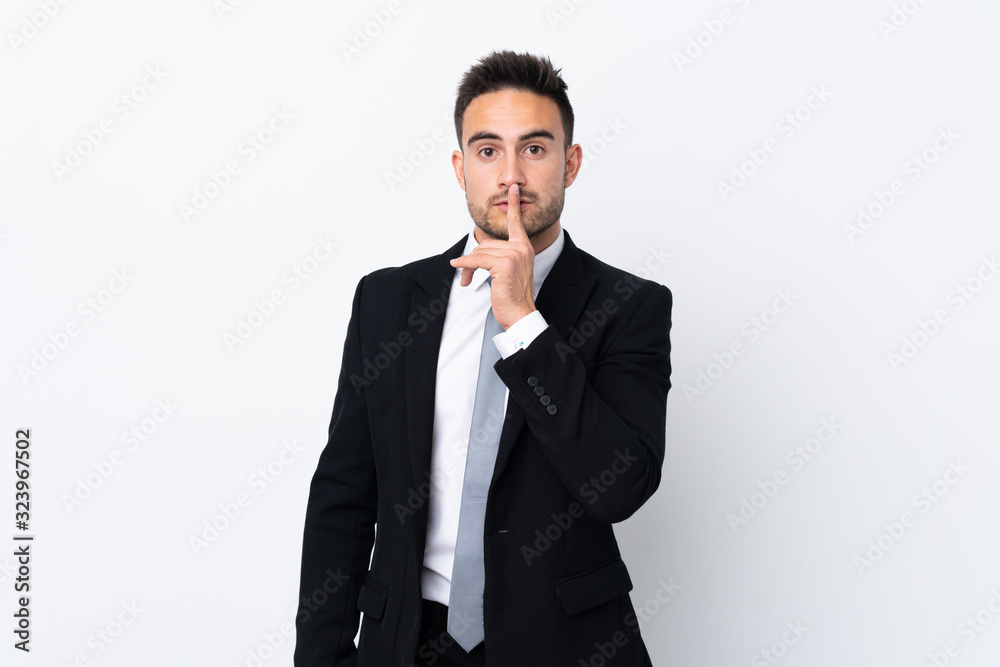 Young business man over isolated background doing silence gesture Young business man over isolated background doing silence gesture