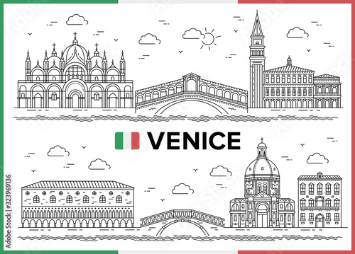 Venice, Italy. Basilica di Santa Maria Della salute, Rialto Bridge, Piazza San Marco, St. Mark's Basilica. Vector illustration