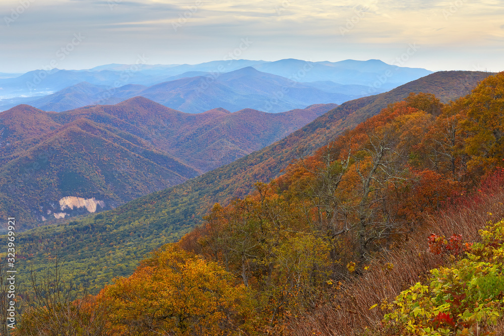 Autumn view of mountain peaks in the Blue Ridge range near Buena Vista, Virginia.  