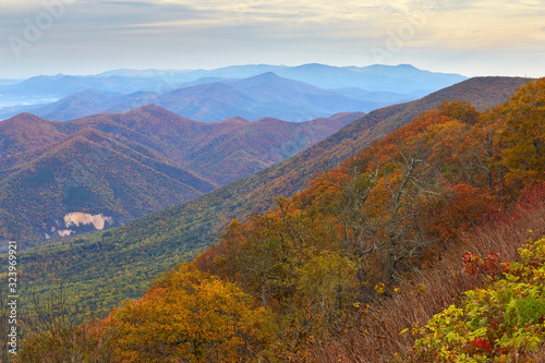 Autumn view of mountain peaks in the Blue Ridge range near Buena Vista, Virginia. 
