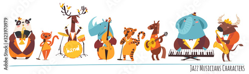 Jazz music cartoon characters with animals playing music instruments