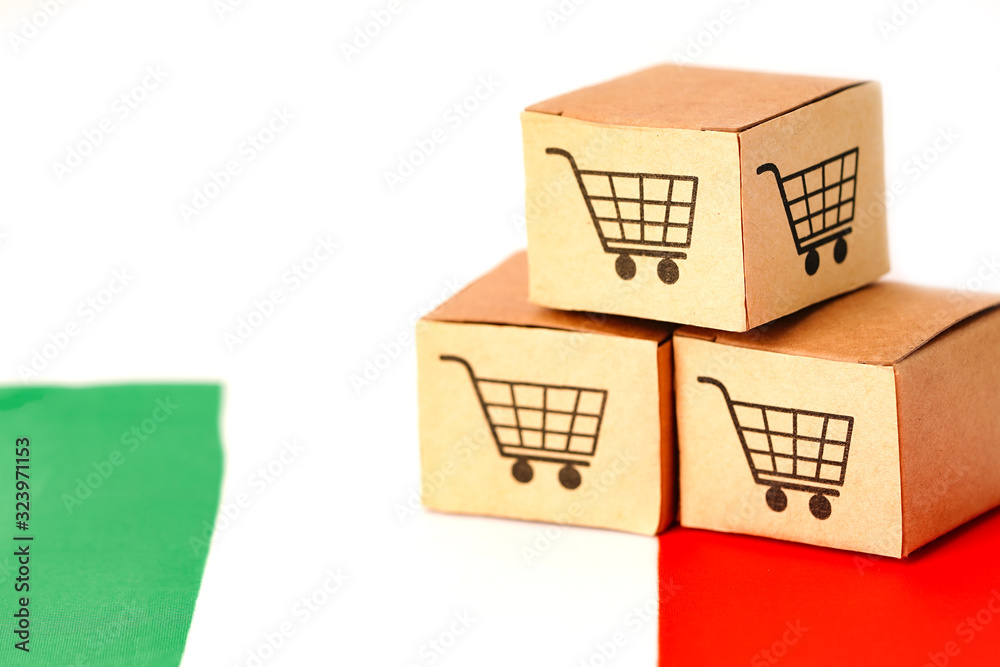 Box with shopping cart logo and Italy flag : Import Export Shopping online or eCommerce finance delivery service store product shipping, trade, supplier concept.