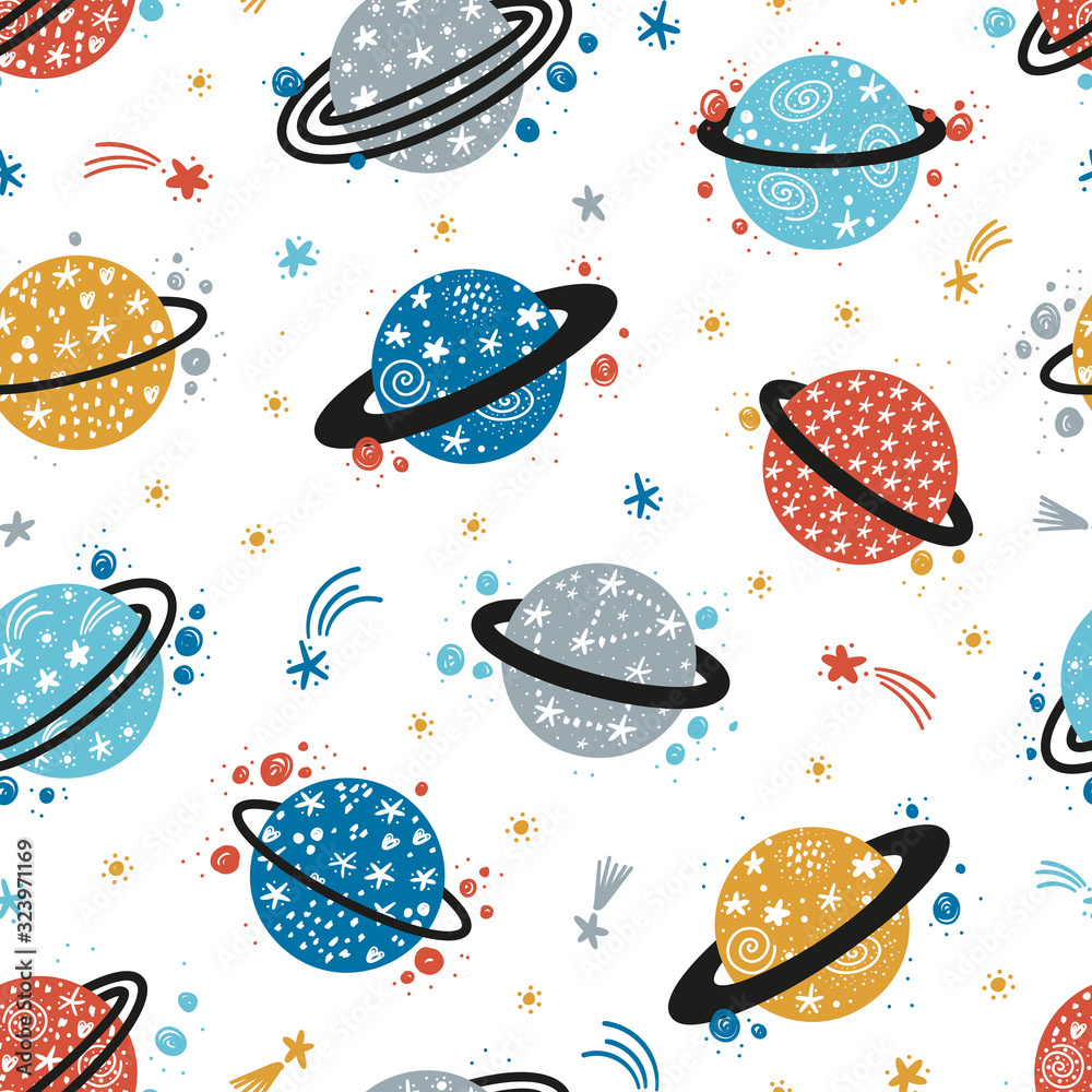 Vector Space Seamless Pattern with Doodle Saturn Planet and Stars. Cartoon Colorful Space Background with Abstract Fantasy Planets with Starry Pattern. Magic Wallpaper for Kids Vector Space Seamless Pattern with Doodle Saturn Planet and Stars. Cartoon Colorful Space Background with Abstract Fantasy Planets with Starry Pattern. Magic Wallpaper for Kids