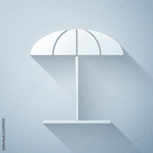 Paper cut Sun protective umbrella for beach icon isolated on grey background. Large parasol for outdoor space. Beach umbrella. Paper art style. Vector Illustration