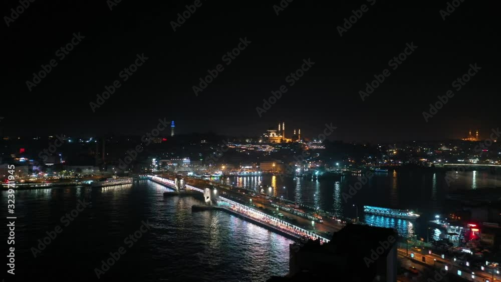 Golden Horn and Galata Bridge Aerial View at Night