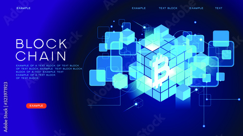 Blockchain network concept , Distributed ledger technology , Block chain text and computer connection. Modern 3d isometric vector illustration of web page.  Design concept.