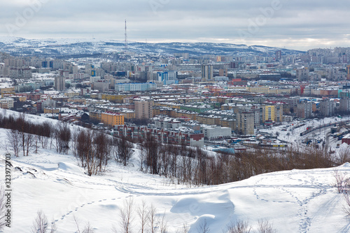 View of winter Murmansk in cloudy weather, Russia