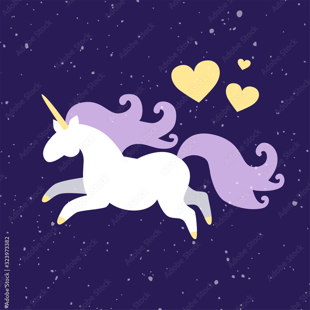 Vector kids illustration of magic fat unicorn horse galloping on starry ...