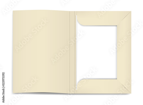 Open cardboard file folder with white blank paper sheets inside, realistic vector mockup