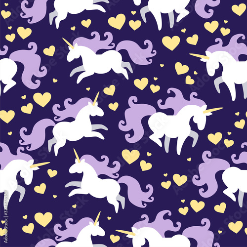 Vector seamless pattern of magic fat white unicorn horses with purple mane running around yellow hearts on night sky. Starry night sky. Childrens, kids concept. Textile template