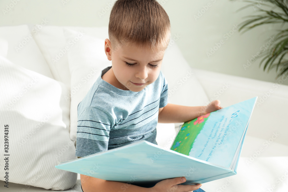 Little boy reading book on sofa indoors Little boy reading book on sofa indoors