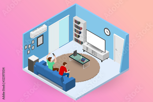 Couple men character playing a game console on large LED screen TV and sitting on sofa in a living room for entertaining in modern house interior concept. Vector flat isolated illustration design.