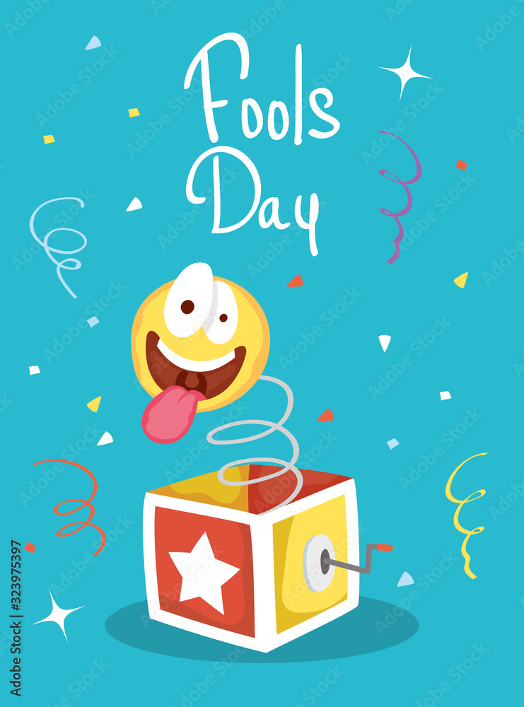 happy april fools day card with surprise box and crazy emoji