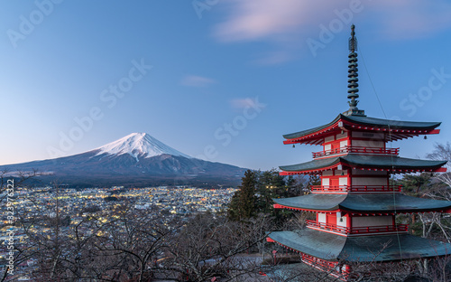 landscape of Chureito Pagoda with Mount Fuji in winter.