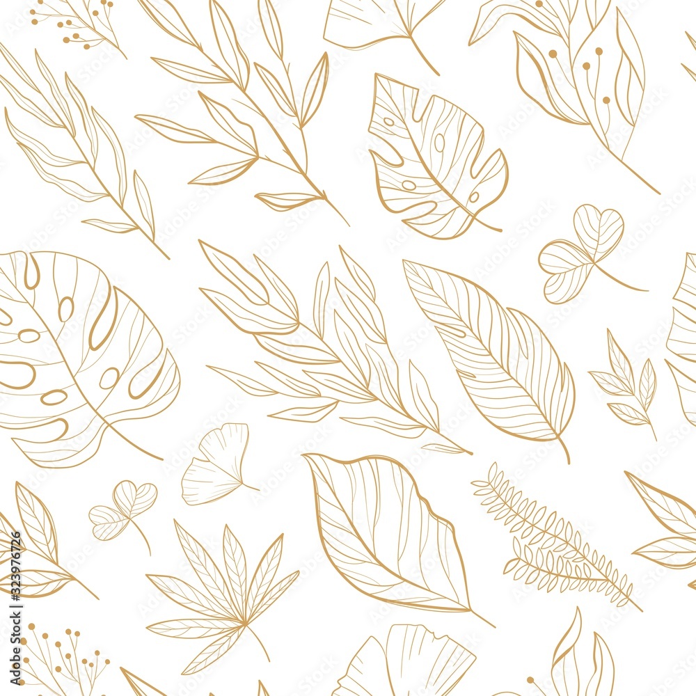 Tropical leaves seamless pattern. Palm, fan palm, monstera, banana leaves in line style. Sketches of tropical leaves for design.