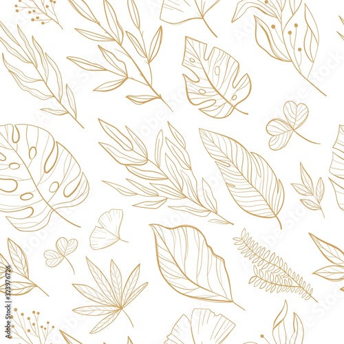 Tropical leaves seamless pattern. Palm, fan palm, monstera, banana leaves in line style. Sketches of tropical leaves for design.