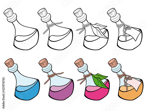 Vector Illustration of  magic small bottles for you Design and Computer Game. Coloring Book Outline Set