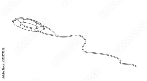 throwing lifebuoy on a rope, symbol of salvation, concept of helping a drowning person, vector illustration with black contour lines isolated on white background in a hand drawn style