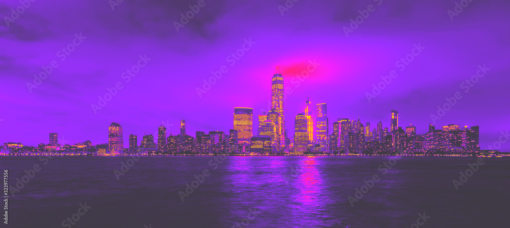 Lower Manhattan skyline and the Hudson river as seen from Jersey City synth wave style