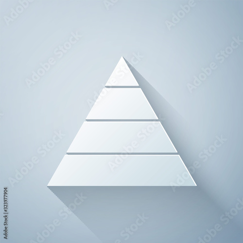 Paper cut Business pyramid chart infographics icon isolated on grey background. Pyramidal stages graph elements. Paper art style. Vector Illustration