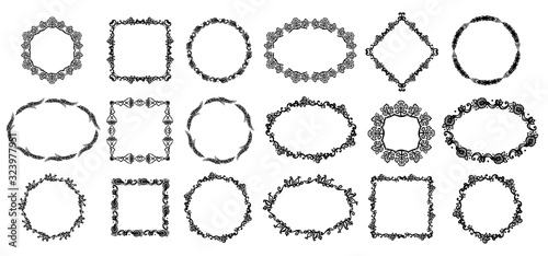 Natural style frames set decorated maple leaves, ears of wheat, flowers and butterflies, suitable for invitation, cards or text frames