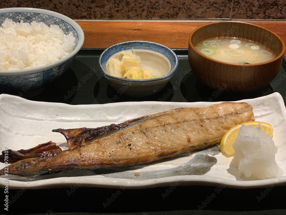 Japanese set lunch, grilled mackerel fish with miso soup. Japanese set lunch, grilled mackerel fish with miso soup.