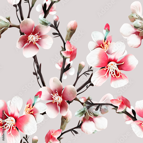 Apple tree flowers Illustration. Watercolor background.