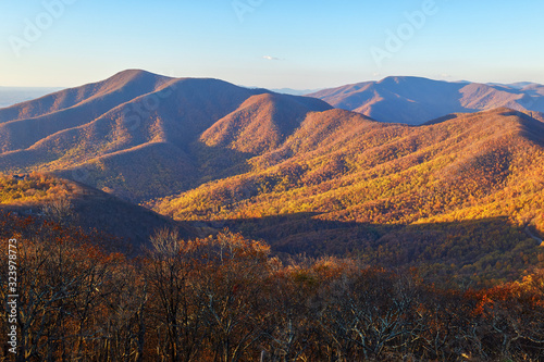 View of Three Ridges  left  and the Priest  right   prominent mountain peaks in the Blue Ridge mountains near Charlottesville  Virginia