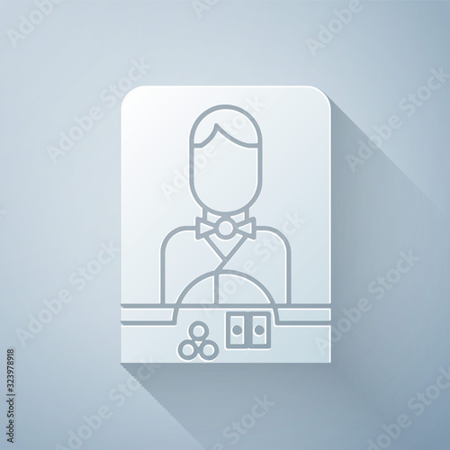 Paper cut Casino dealer icon isolated on grey background. Casino croupier. Paper art style. Vector Illustration