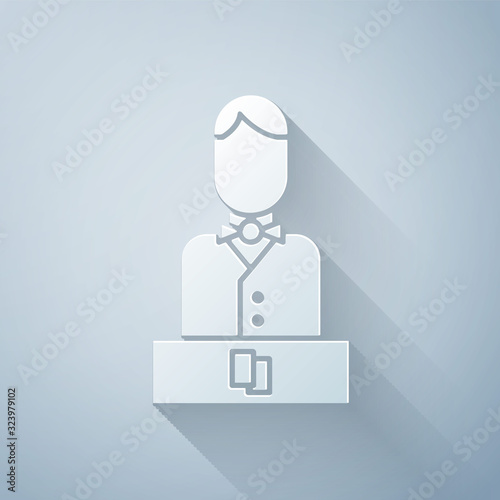 Paper cut Casino dealer icon isolated on grey background. Casino croupier. Paper art style. Vector Illustration