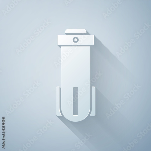 Paper cut Water filter icon isolated on grey background. System for filtration of water. Reverse osmosis system. Paper art style. Vector Illustration