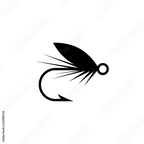 Fishing hook with feather icon. Graphic fly fishing icon or logo photo