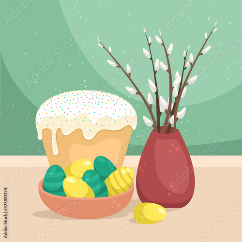 Easter illustration with a kulich, willow twigs and Easter eggs.