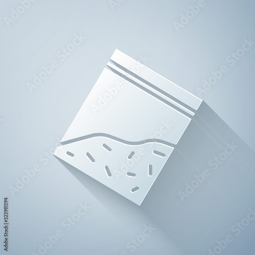Paper cut Plastic bag of drug icon isolated on grey background. Health danger. Paper art style. Vector Illustration