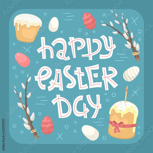 Vector easter lettering with Easter eggs and kulich with doodles - Happy Easter day.