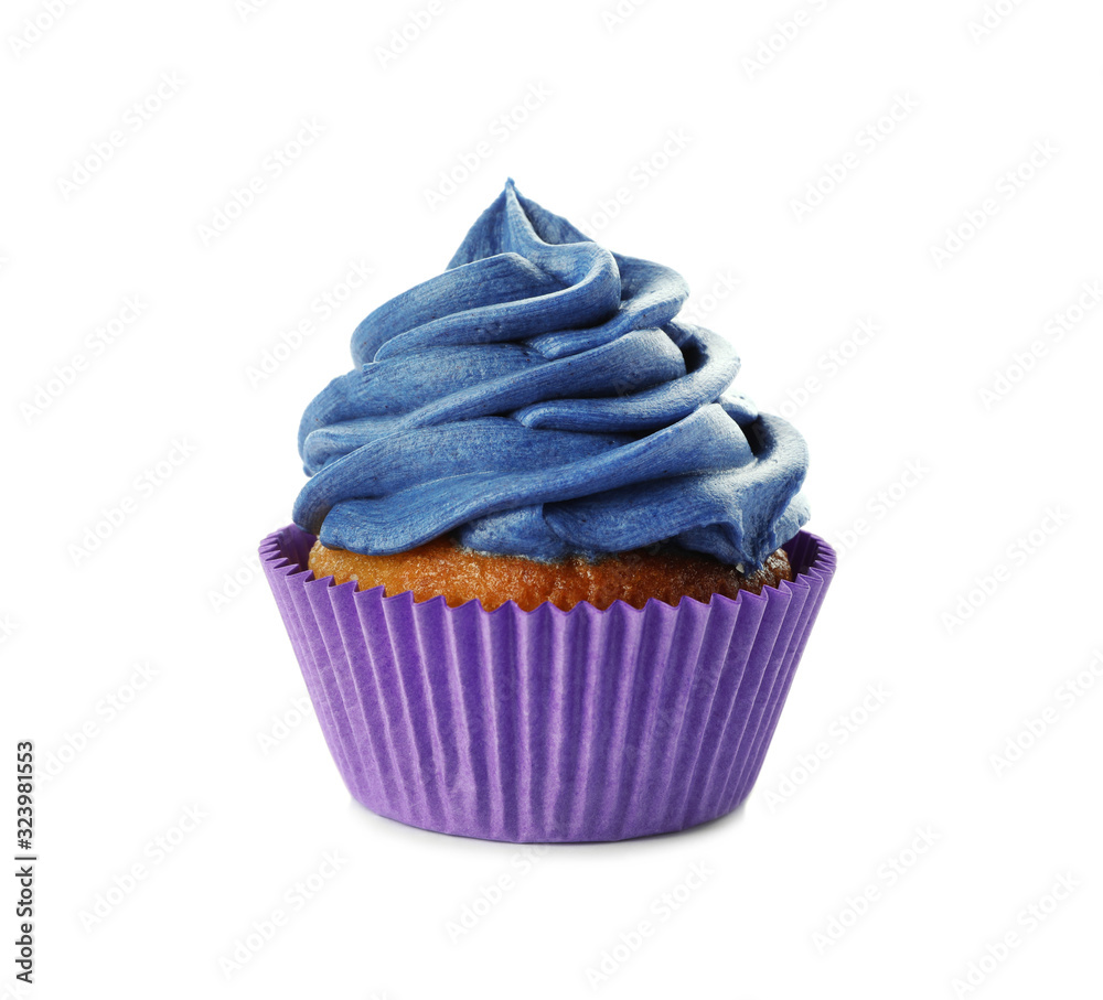 Delicious birthday cupcake decorated with dark blue cream isolated on white Delicious birthday cupcake decorated with dark blue cream isolated on white