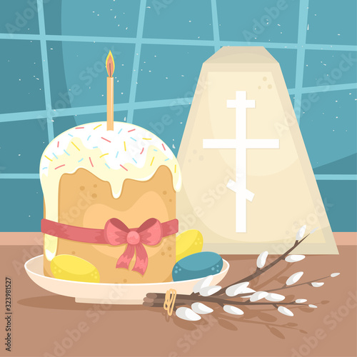 Easter illustration with a kulich, willow twigs and cottage cheese Easter.