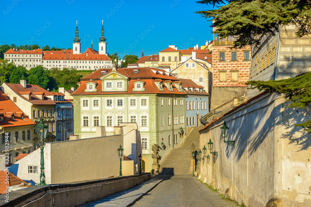 View to red roofs, streets and green trees skyline of Prague city Czech republic.