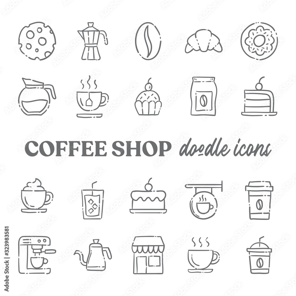 Coffee shop doodle vector icons. Cafe hand drawn pictograms.