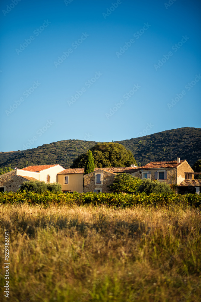 Vertical picture of old traditional stone provencale farmyard in Provence, France with Luberon hill on background in hot summer morning. Travel tourism destination Provence