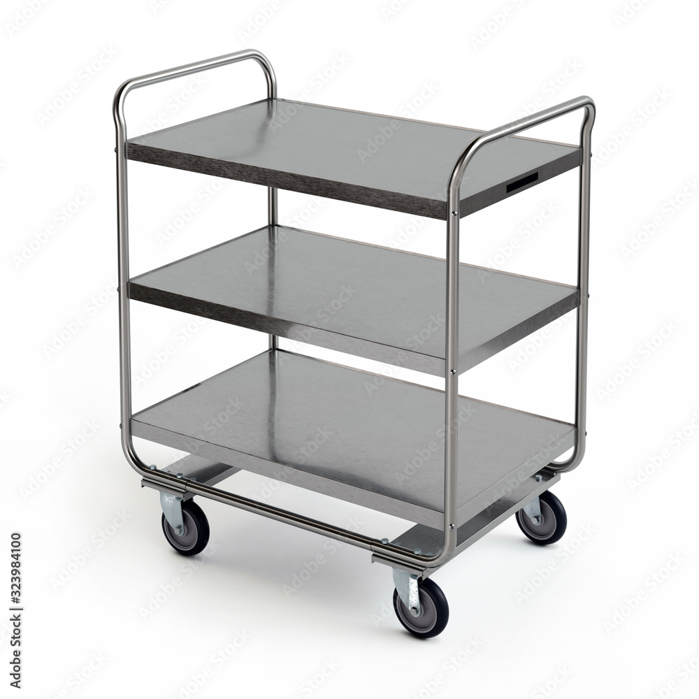 Stainless steel three shelf utility cart model, 3D illustration