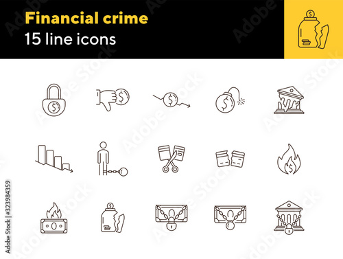 Financial crime icons. Set of line icons. Locked money, broken credit card, dollar dislike. Bankruptcy concept. Vector illustration can be used for topics like money, finance, banking