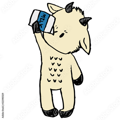 Cute funny goat drinking milk in naive style vector clipart. Alpine baby billy goat with horns. Kawaii funny farm animal illustration . Isolated livestock, allergy alternative doodle. EPS 10. 