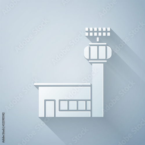 Paper cut Airport control tower icon isolated on grey background. Paper art style. Vector Illustration