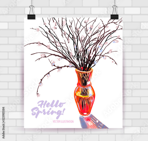 Vector illustration of willow branches in vase isolated on a white background.