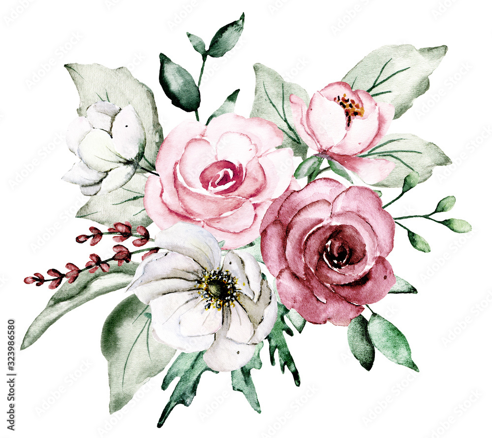 Pink flowers watercolor, floral clip art roses. Bouquet perfectly for ...